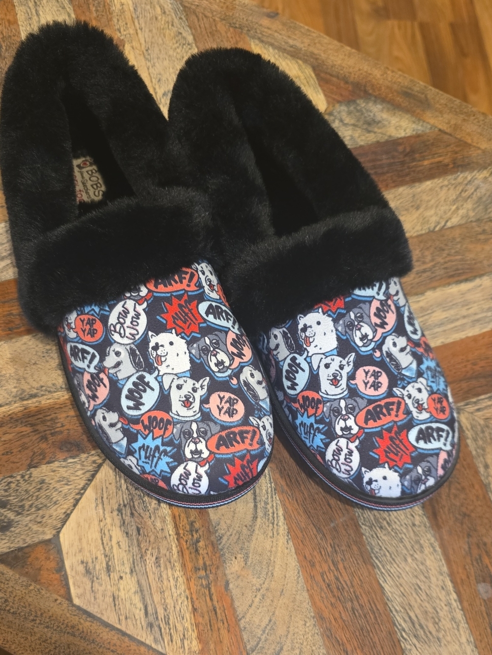 BOBS from Skechers Colorful Dog Print Faux Fur Slippers Size 7.5
